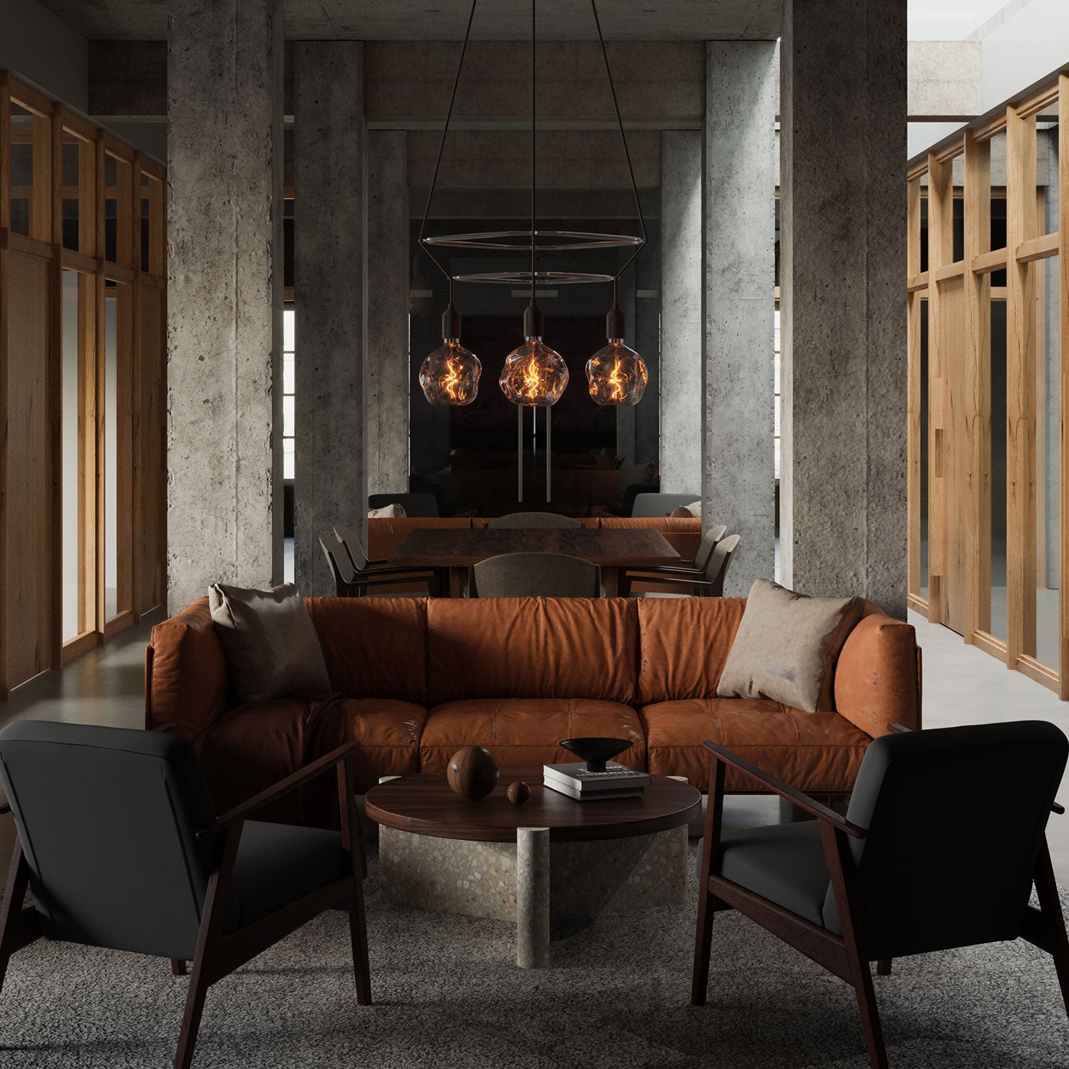 Lampadario 2 Cage a 4 cadute Globo Bumped - Effetto Wengé